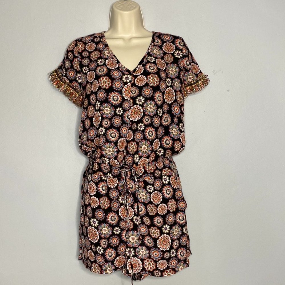 NWT Ann Taylor Loft Black Multi Color Mandala Short Sleeve Romper X-Small K-596